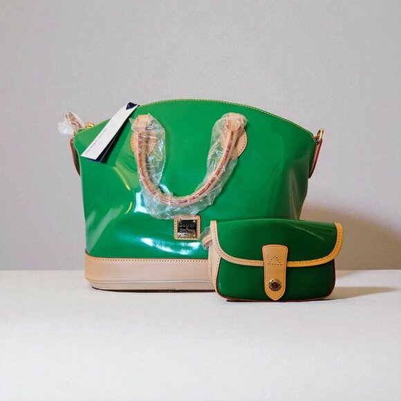 Dooney & Bourke Grass Green Patent Leather Satchel PV68C GG + Wristlet NWT - Picture 1 of 16